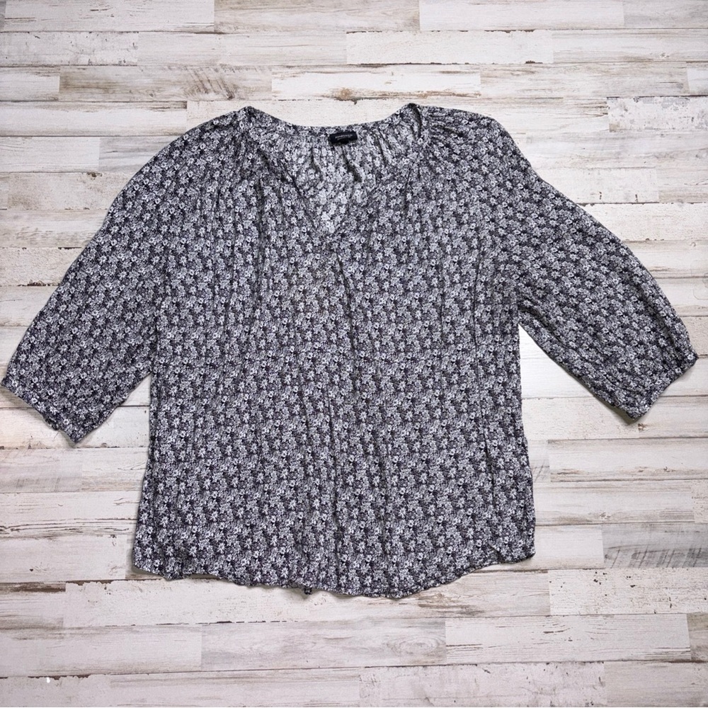 Jones & Co New York 2X Womens Black White Floral 3/4 Sleeve Popover Blouse - Picture 1 of 15
